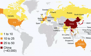 Harta që tregon vendet e prekura me coronavirus që janë konfirmuar në të gjithë botën