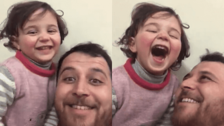Prekëse: Babai sirian përpiqet të bindë vogëlushen e tij se hedhja e predhave është një lojë