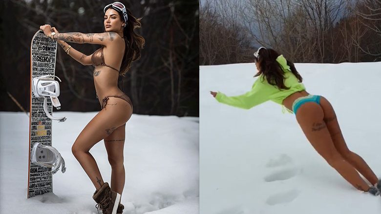 Morena Taraku me bikini shtrihet në dëborë