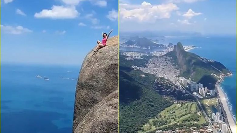 Turistja pozon në skajin e një shkëmbi rreth njëmijë metra të lartë, me pamje nga Rio de Janeiro