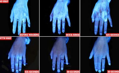 Dëshmi që tregojnë se pse është e rëndësishme t’i pastroni duart ashtu si rekomandojnë mjekët, imazhet me rreze ultravjollcë nxjerrin në pah bakteret që mbesin