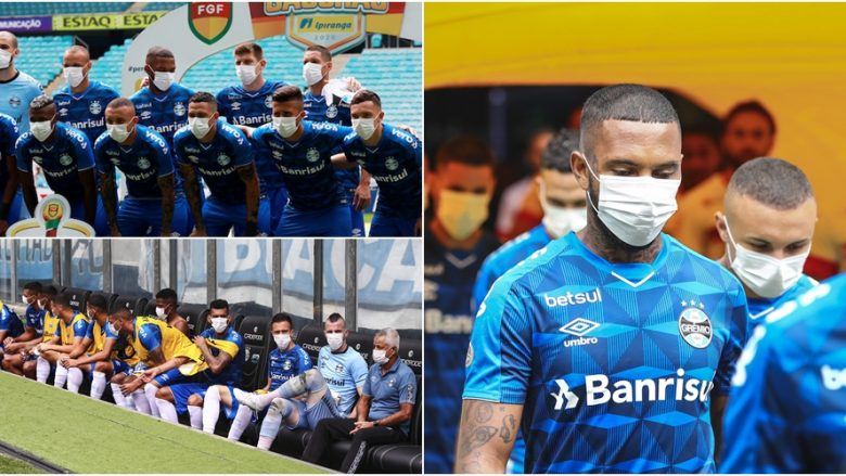 Futbollistët e Gremios dalin me maska në fushë në shenjë proteste, përkundër virusit vazhdojnë ndeshjet të zhvillohen në Brazil