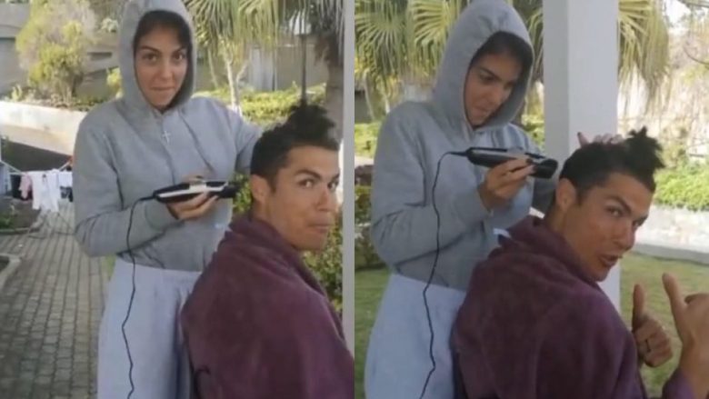 Në kushte shtëpie, Cristiano Ronaldos ia pret flokët e dashura e tij Georgina