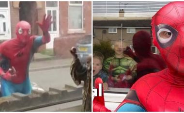 I veshur si “Spidermani”, argëton fëmijët e lagjes që janë mbyllur nëpër shtëpi nga COVID-19