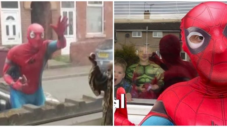 I veshur si “Spidermani”, argëton fëmijët e lagjes që janë mbyllur nëpër shtëpi nga COVID-19