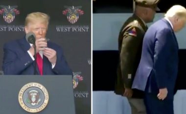 Derisa mbante fjalim në akademinë ushtarake, Trump u filmua duke e mbajtur gotën me ujë me dy duart