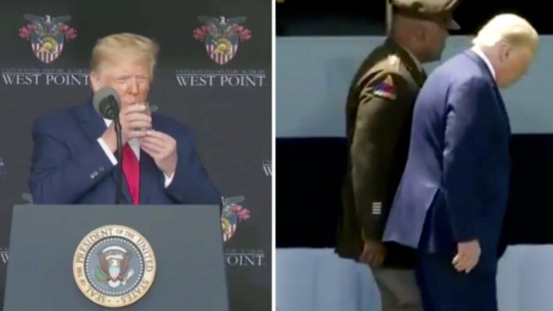 Derisa mbante fjalim në akademinë ushtarake, Trump u filmua duke e mbajtur gotën me ujë me dy duart