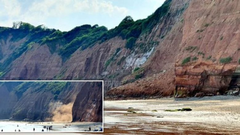Shembet një pjesë e shkëmbit në një bregdet të Anglisë, vizitorët i shpëtojnë incidentit për një “fije floku”