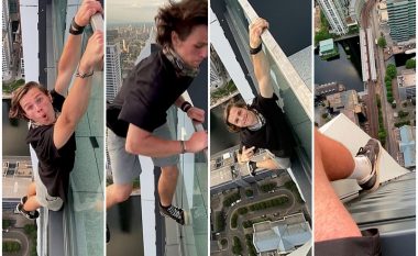 Adoleshenti britanik që bën akrobacione jashtë rrethojës mbrojtëse të ndërtesës së lartë – qëndron i varur në mbi 180 metra lartësi