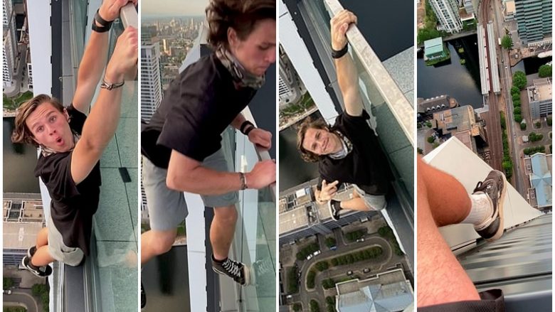 Adoleshenti britanik që bën akrobacione jashtë rrethojës mbrojtëse të ndërtesës së lartë – qëndron i varur në mbi 180 metra lartësi