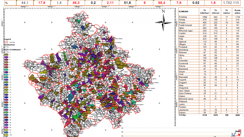 Harta që tregon përhapjen e COVID-19 sipas komunave në Kosovë, rastet aktive e numrin e personave të shëruar