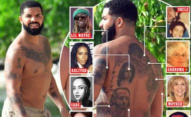 I mbushur me portretet e familjes dhe këngëtarëve që e inspiruan – Drake tregon tatuazhet e shumta në plazh