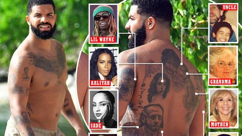 I mbushur me portretet e familjes dhe këngëtarëve që e inspiruan – Drake tregon tatuazhet e shumta në plazh