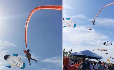 Momenti i tmerrshëm, vajza tre vjeçare ngritët 30 metra në ajër nga një shirit fluturues gjatë një festivali në Taiwan