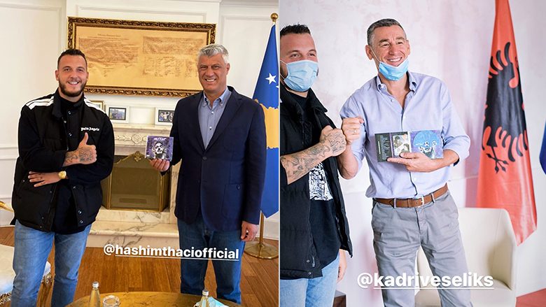 Hashim Thaçi dhe Kadri Veseli mirëpresin në takim reperin Mozzik – pranojnë dhuratë albumin “Mozzart”