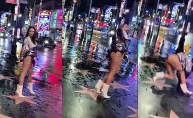 Bleona Qereti rrëshqet dhe rrëzohet gjatë realizimit të fotosesionit në “Walk of Fame”