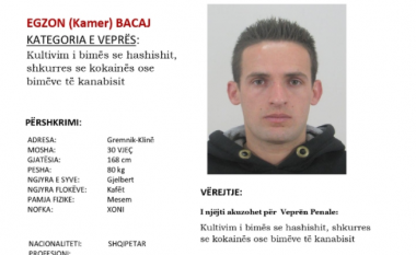 Policia e Pejës kërkon ndihmë për lokalizimin dhe arrestimin e Egzon Bacaj, i dyshuar për veprën penale “Kultivim i bimёs së hashashit”