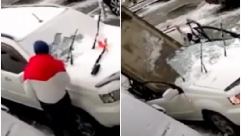 Pa pastronte veturën e mbuluar nga bora dhe akulli, bie mbi veturë pllaka e betonit – shpëton për një “fije floku” pronari i saj rus