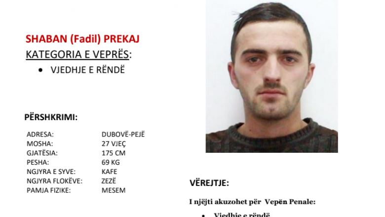 Policia në Pejë kërkon bashkëpunimin e qytetarëve për arrestimin e Shaban Fadil Prekaj