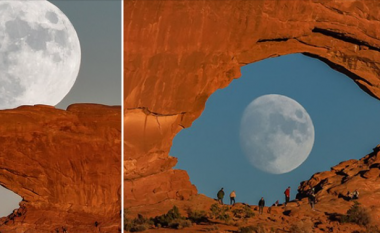 Fotografitë e pabesueshme tregojnë hënën e plotë që duket si sy gjigant ndërsa kalon harkun e shkëmbit