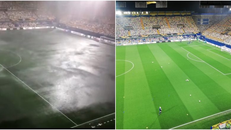 Shiu i rrëmbyeshëm shtynë ndeshjen e Ligës së Evropës, por vetëm brenda 30 minutave fusha ndryshon totalisht