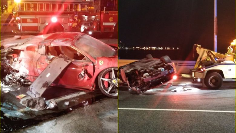 Dy të rinj amerikanë e kishin marrë Ferrarin me qira, pastaj e humben kontrollin mbi të në autostradë – vetura përfundojë e përfshirë nga flakët