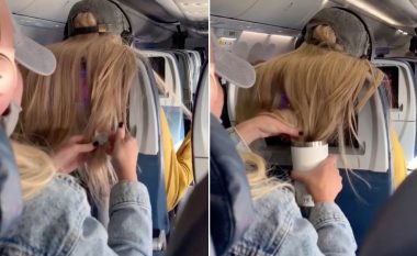 Ia mbulonte ekranin e televizorit me flokët e gjata, pasagjerja ia vendosë çamçakëzin dhe ia fut flokët në filxhanin me kafe