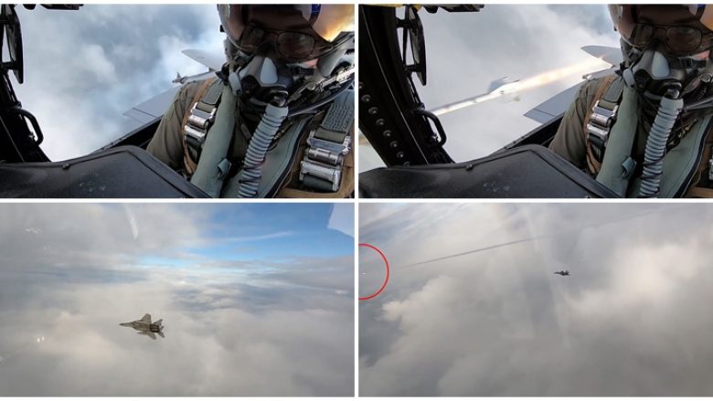 Pamjet nga stërvitjet ushtarake, momenti kur aeroplani amerikan F-15 godet me raketë dronin mbi Oqeanin Atlantik