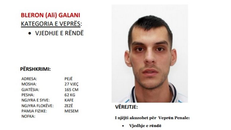 Policia kërkon ndihmë nga qytetarët për arrestimin e Bleron Galanit nga Peja