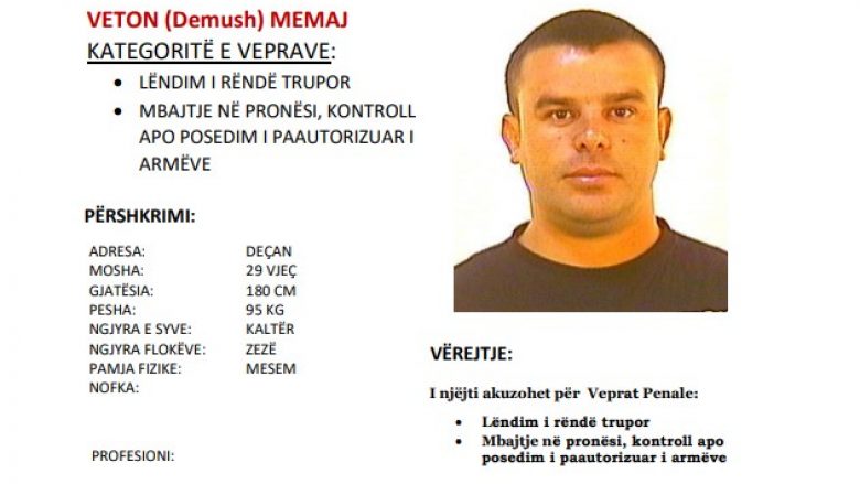 Policia kërkon nga qytetarët t’i ndihmojnë në arrestimin e Veton Memaj nga Deçani