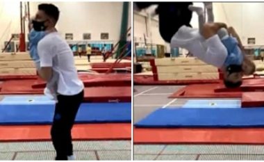 Fituesi i pesëfishtë i medaljes së artë olimpike, bën akrobacione në trampolinë me vajzën e tij njëvjeçare