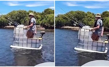 Rezervuarin e ujit e shndërroi në barkë për peshkim
