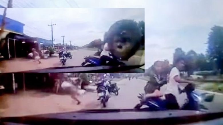 Po priste në trafik në motoçikletë, një gomë ‘fluturoi’ në drejtim të saj – gruan në Tajlandë e shpëtuan reflekset