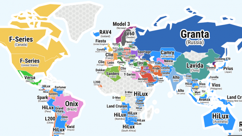 Kjo është një hartë e markave më të shitura të veturave sipas vendeve në botë