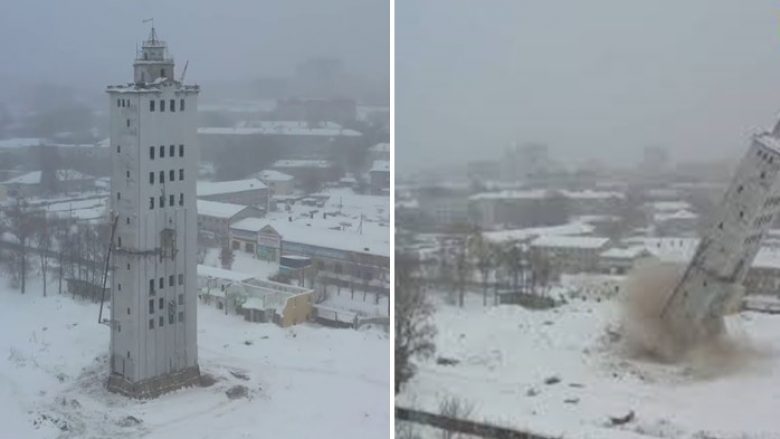 Demolimi i kontrolluar i kullës 40 metërshe në Rusi, bëhet rrafsh me tokë për pak sekonda