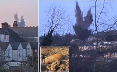 Ekipet britanike të deminimit kryejnë shpërthimin e kontrolluar, zhurma e bombës së Luftës së Dytë Botërore është dëgjuar dhjetëra milje larg