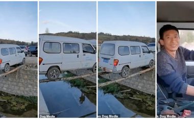 Shoferi kinez kalon lumin me veturë – duke lëvizur mbi dy copa druri
