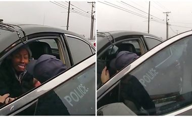 Ndjekje si nëpër filma, policia rrethon veturën dhe ia drejtojnë revolen shoferes – gjithçka ndryshon kur e shohin me duart lartë dhe duke qarë