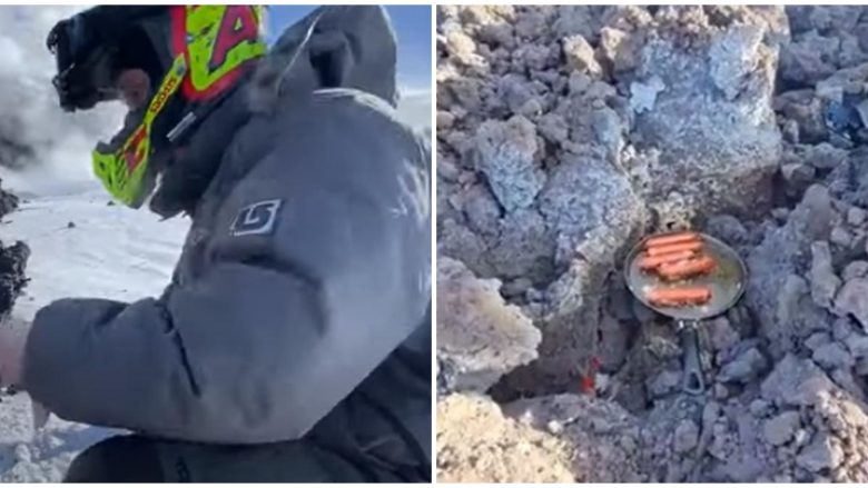“Zgjohet” vullani në Kamchatka të Rusisë, por kjo nuk i brengosi një grup alpinistësh – përgatisnin salsiçe në llavë