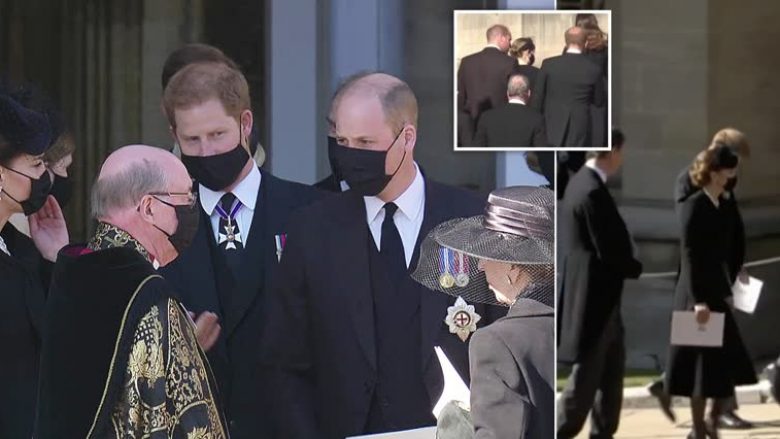 William dhe Harry shihen duke biseduar me njëri-tjetrin në varrimin e Princit Filip, bashkohen për herë të parë që pas largimit të Princit nga familja mbretërore