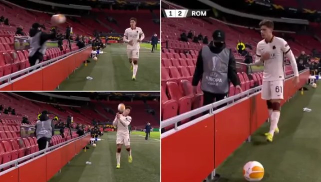 “Mbledhësi i topave” të Ajaxit godet pamëshirshëm lojtarin e Romës me top në gjoks