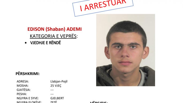 Policia në Pejë pas bashkëpunimit të qytetarëve arreston të dyshuarin për vjedhje të rëndë, Edison Ademi