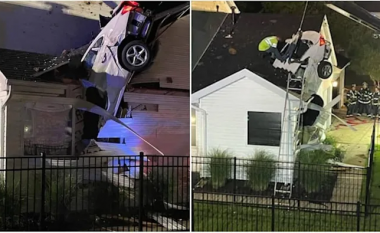 Aksident i çuditshëm në SHBA – vetura përfundon në çatinë e një shtëpie, por nuk mbeti askush i lënduar