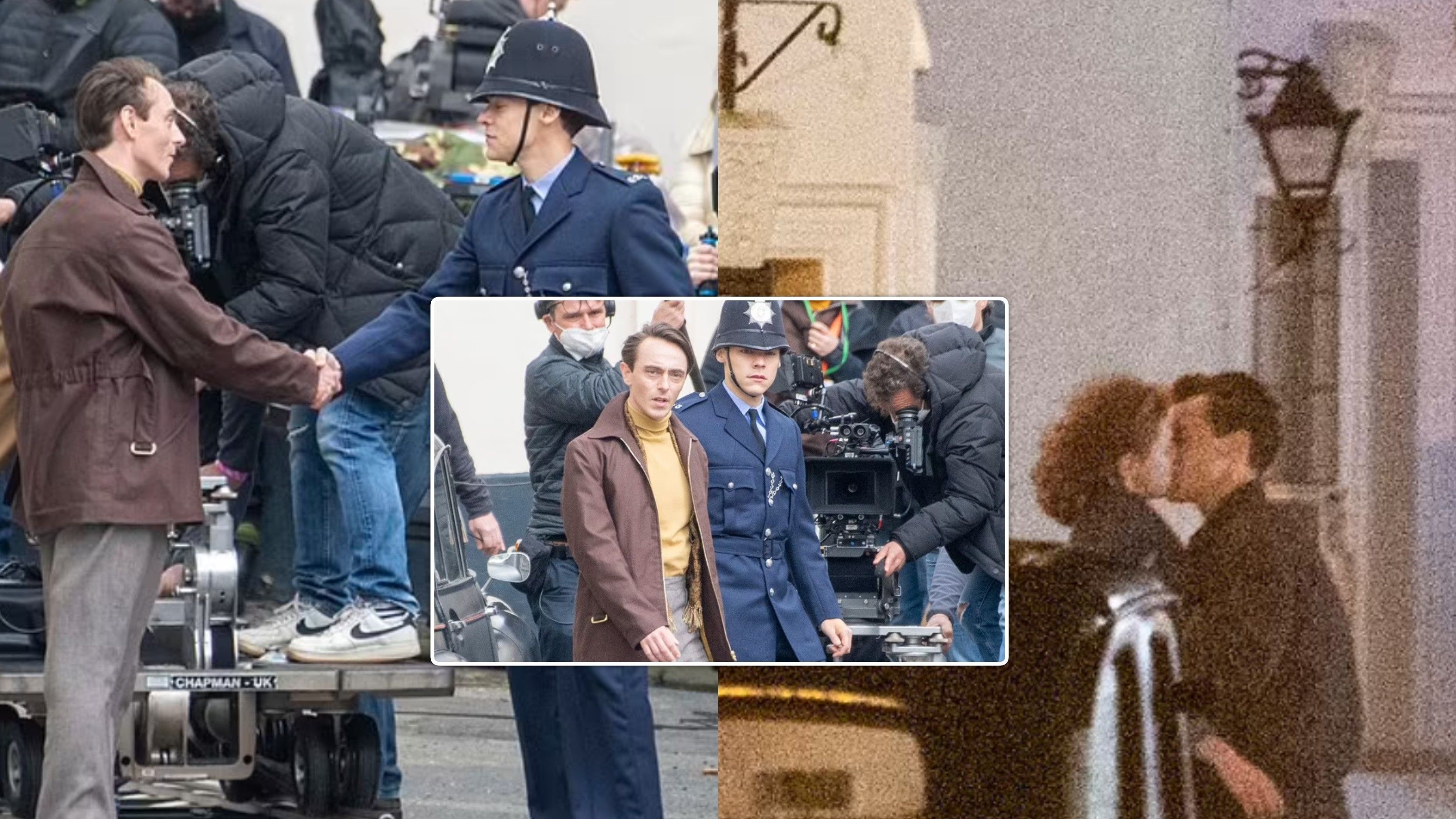 Harry Styles and Emma Corrin are photographed kissing each other during the filming of the drama