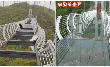 Erërat që frynin me shpejtësi mbi 150 km/h shkulën panelet e xhamit që shërbenin si dysheme në urën 300 metra të lartë, turisti kinez mbetet i varur në rrethojën mbrojtëse