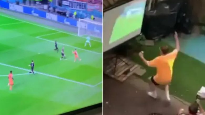 Një tifoz i Holandës tallet shkëlqyeshëm me fqinjët e tij që po shikonin lojën me disa sekonda vonesë në transmetim, video bëhet virale