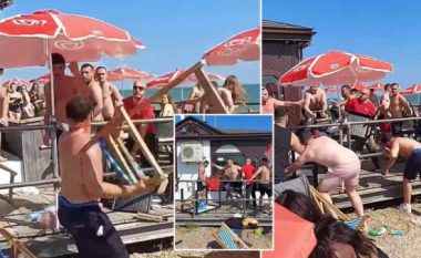 Përleshje masive në një plazh në Angli, burrat filluan të hedhin edhe karriget