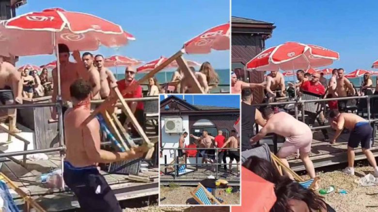 Përleshje masive në një plazh në Angli, burrat filluan të hedhin edhe karriget
