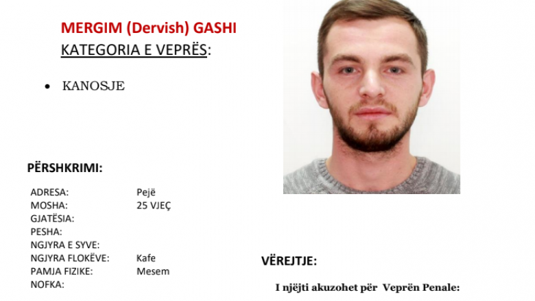 Policia e Kosovës kërkon bashkëpunimin e qytetarëve për arrestimin e Mërgim Dervish Gashit