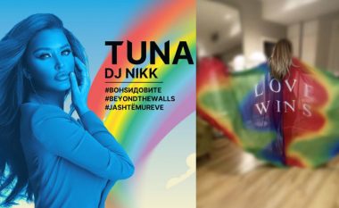 Tuna pozon me fustanin shumëngjyrësh, ndërsa do të marrë pjesë në paradën e krenarisë në Shkup në mbështetje të LGBTI-së